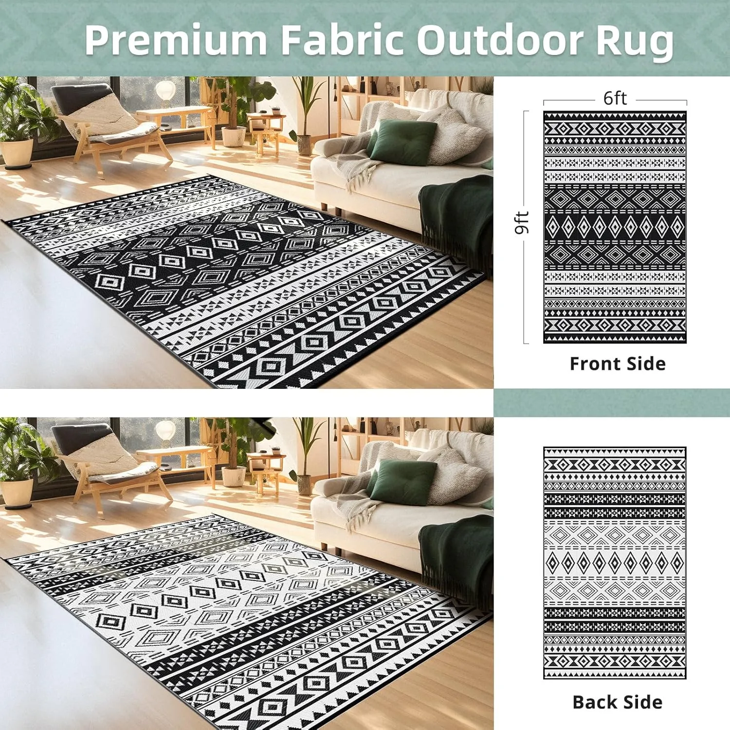 GOTGELIF Outdoor Rug 6x9FT Boho Style, Reversible & Water-Resistance & Portable Plastic Straw Rug for RV Trips, Picnic, Camping, Outdoor, Garden, Patio - White and Black Patio Rug