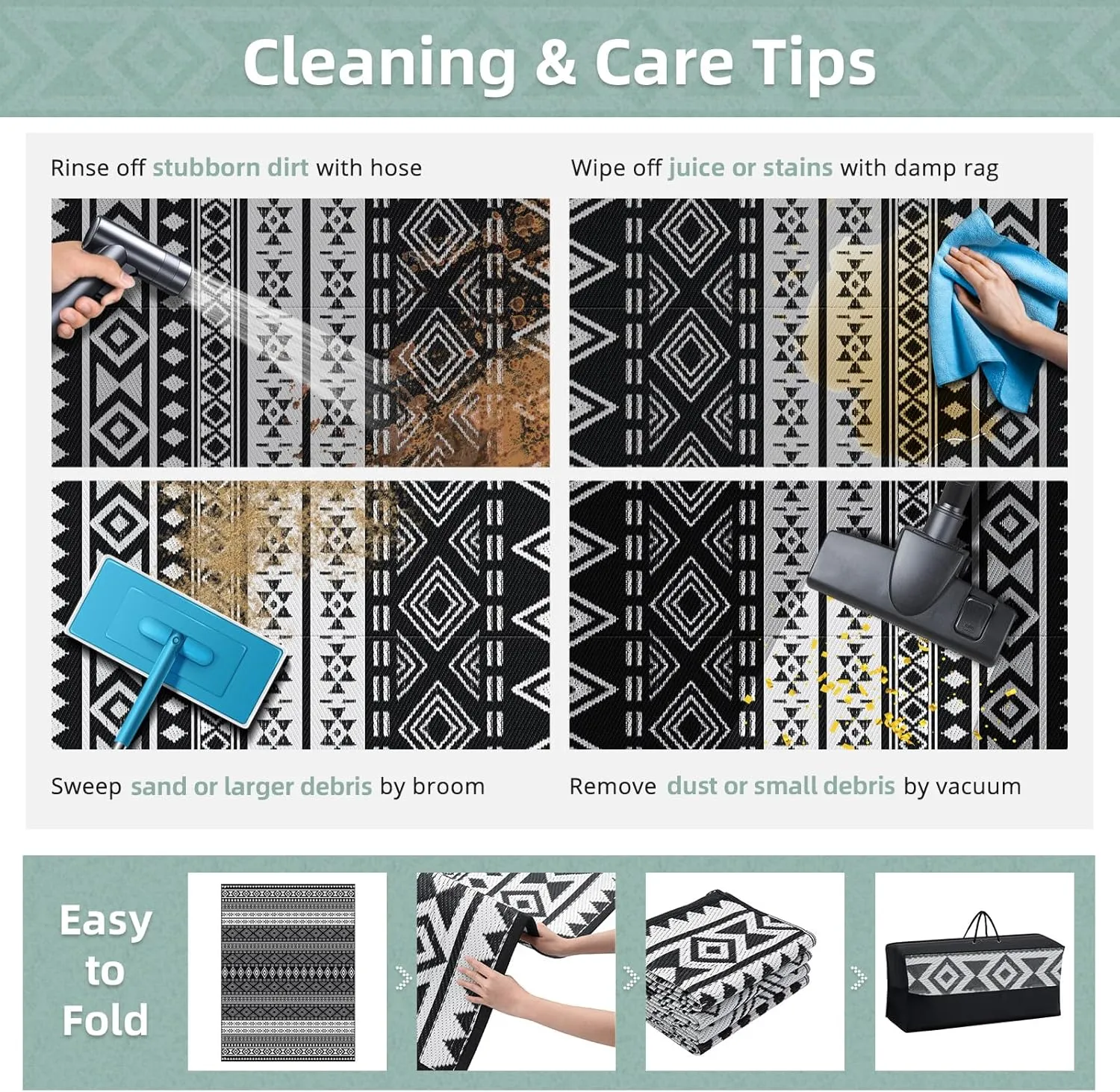 GOTGELIF Outdoor Rug 6x9FT Boho Style, Reversible & Water-Resistance & Portable Plastic Straw Rug for RV Trips, Picnic, Camping, Outdoor, Garden, Patio - White and Black Patio Rug