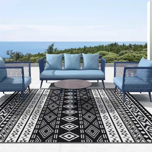 GOTGELIF Outdoor Rug 6x9FT Boho Style, Reversible & Water-Resistance & Portable Plastic Straw Rug for RV Trips, Picnic, Camping, Outdoor, Garden, Patio - White and Black Patio Rug