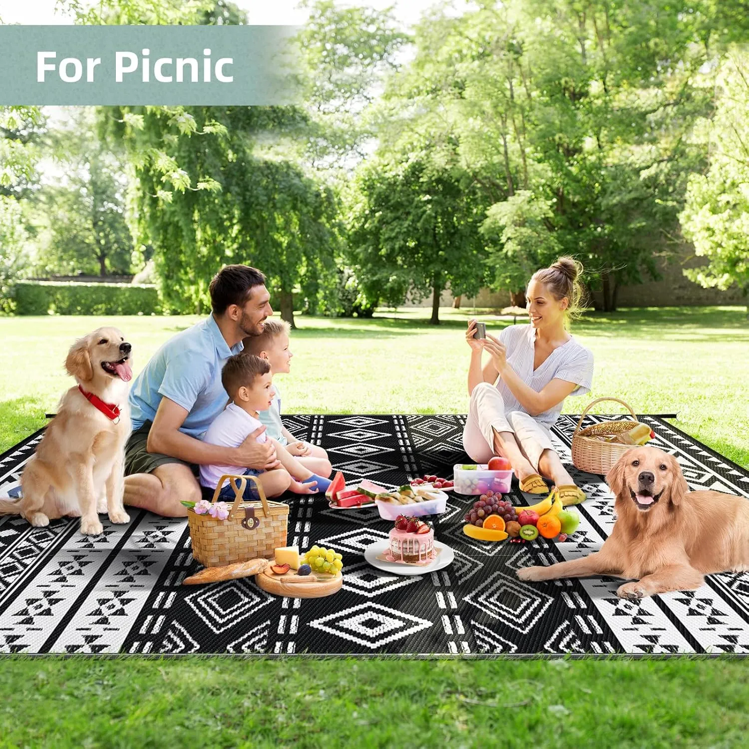 GOTGELIF Outdoor Rug 6x9FT Boho Style, Reversible & Water-Resistance & Portable Plastic Straw Rug for RV Trips, Picnic, Camping, Outdoor, Garden, Patio - White and Black Patio Rug
