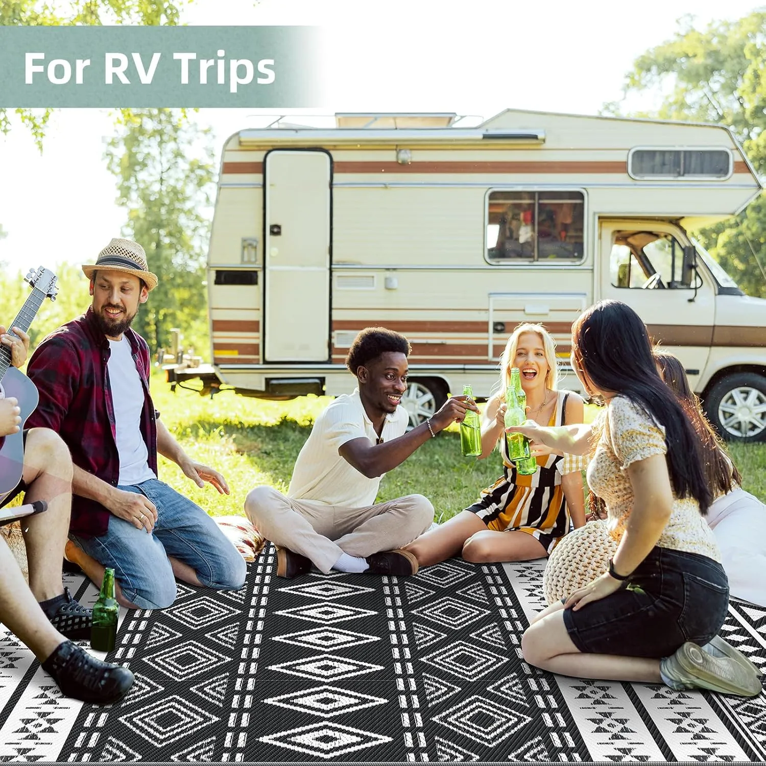 GOTGELIF Outdoor Rug 6x9FT Boho Style, Reversible & Water-Resistance & Portable Plastic Straw Rug for RV Trips, Picnic, Camping, Outdoor, Garden, Patio - White and Black Patio Rug