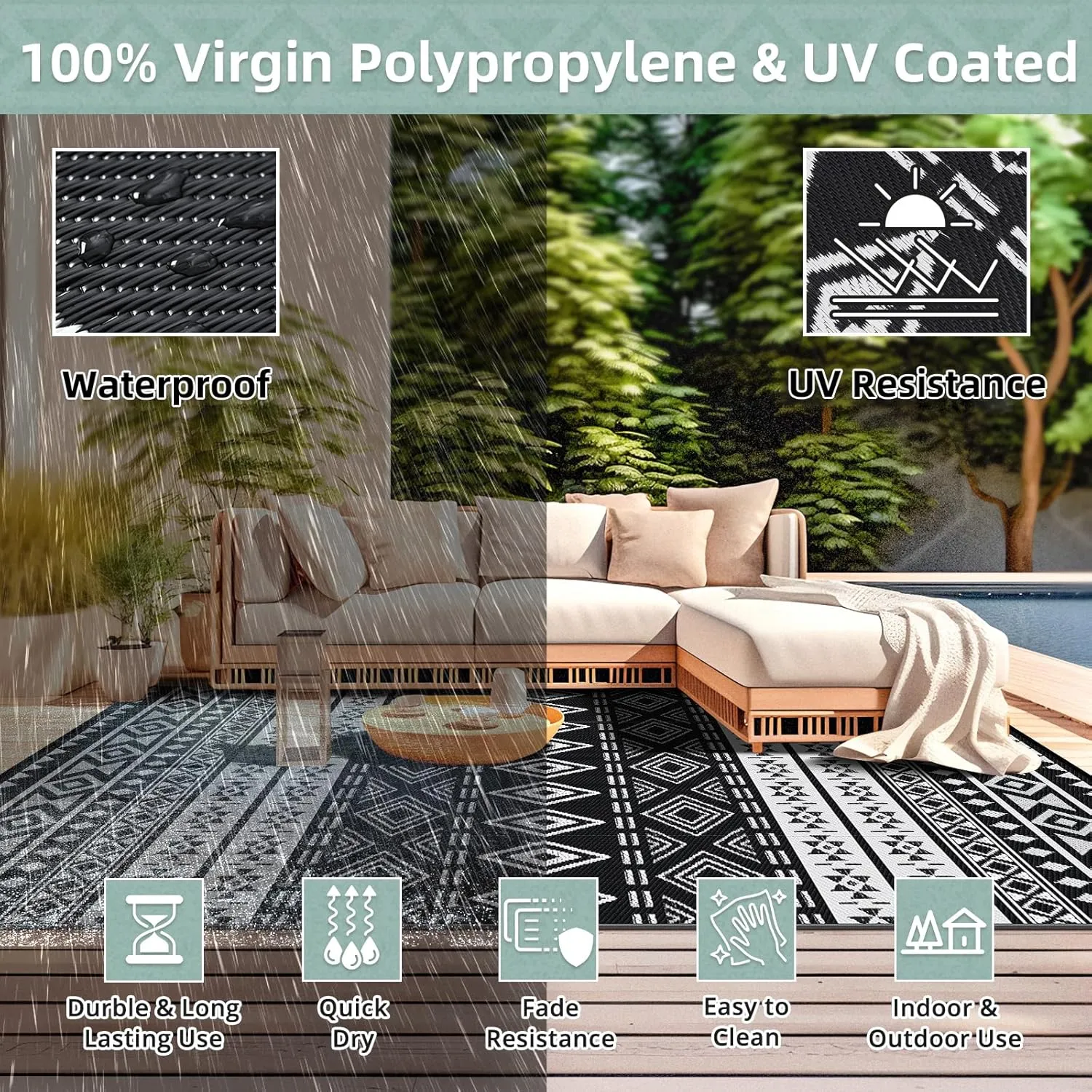 GOTGELIF Outdoor Rug 6x9FT Boho Style, Reversible & Water-Resistance & Portable Plastic Straw Rug for RV Trips, Picnic, Camping, Outdoor, Garden, Patio - White and Black Patio Rug