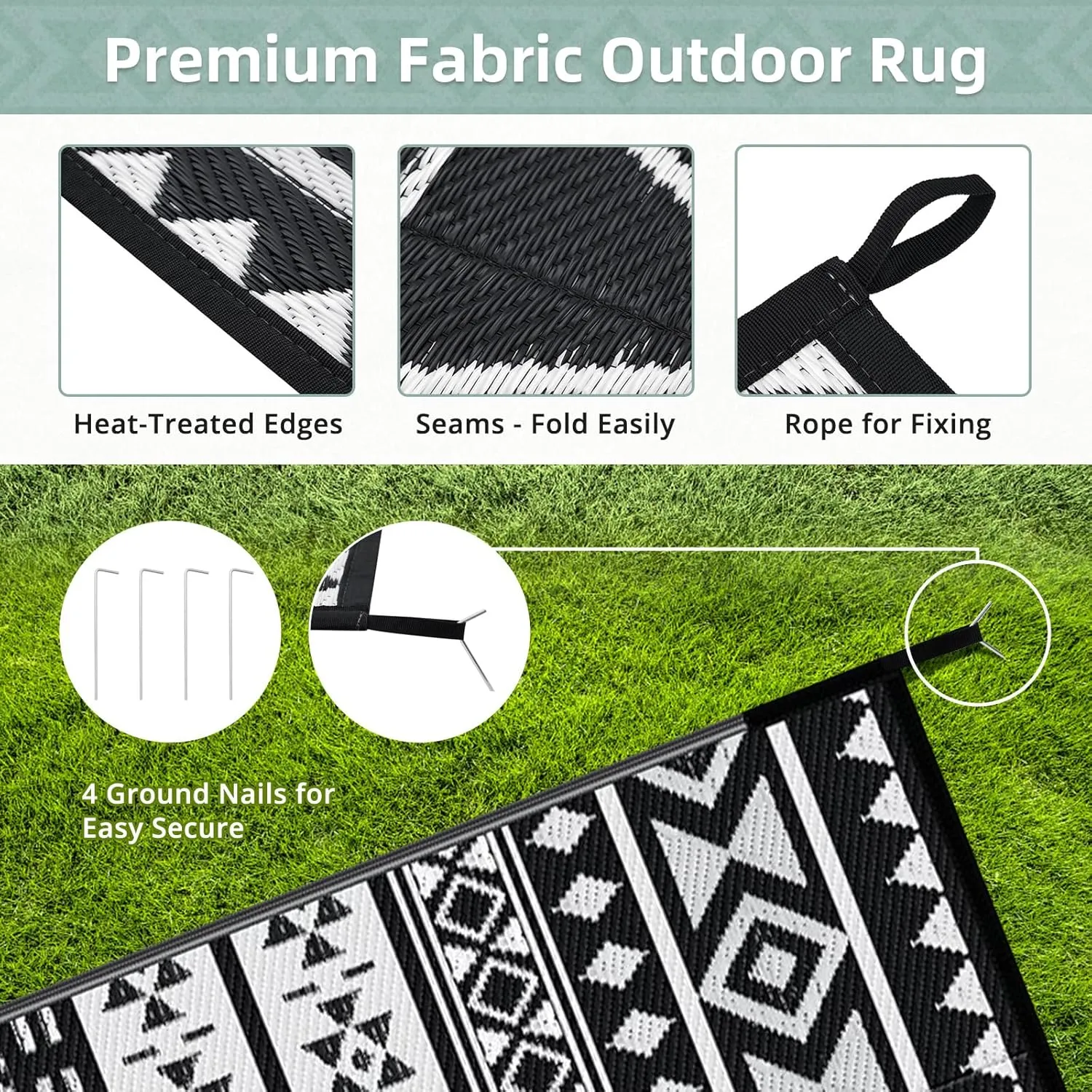 GOTGELIF Outdoor Rug 6x9FT Boho Style, Reversible & Water-Resistance & Portable Plastic Straw Rug for RV Trips, Picnic, Camping, Outdoor, Garden, Patio - White and Black Patio Rug