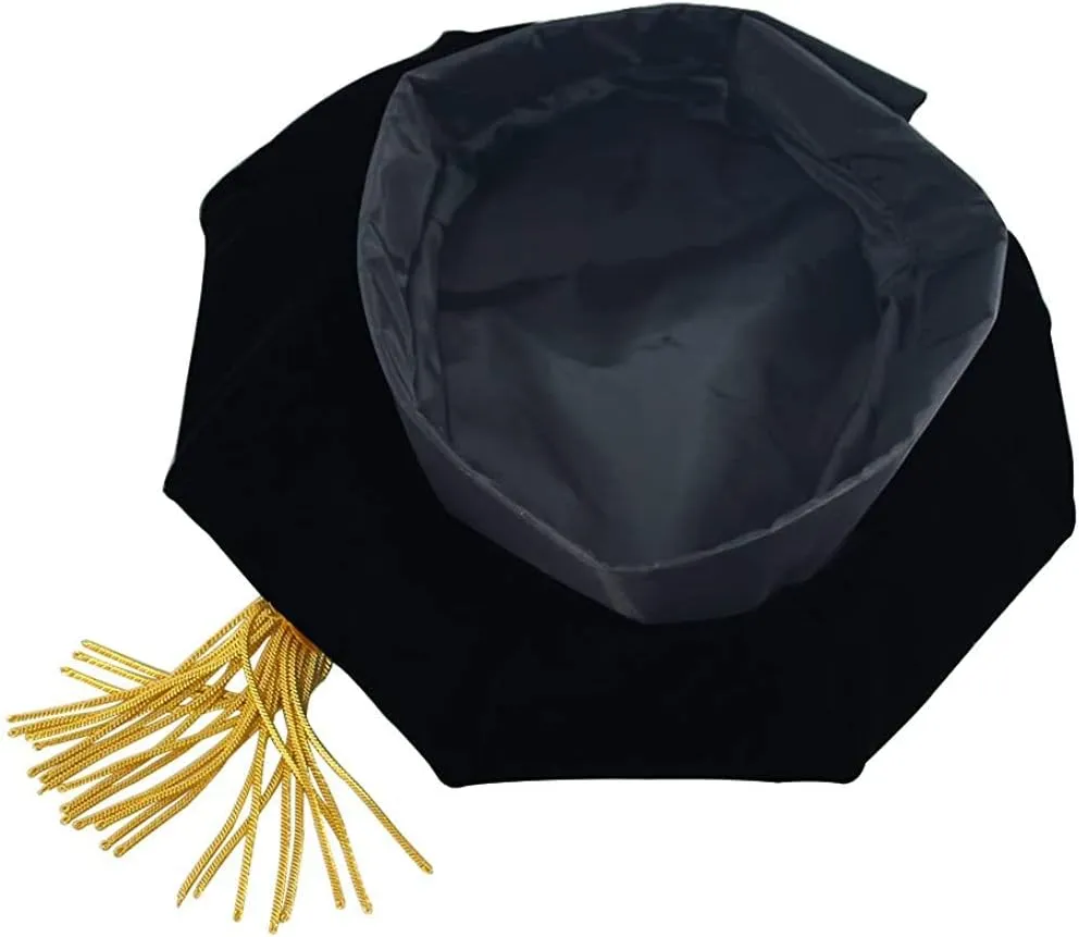 GraduatePro Doctoral Graduation Tam PhD Blue/Black Velvet with Gold Bullion Tassel, 8-Sided/6 Sided/4 Sided Doctorate Cap
