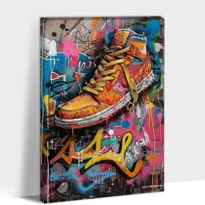 Graffiti Canvas Wall Art, Graffiti Colorful Sneaker & Shoe Teen Boy Painting Pictures for Living Room Wall Decor, Framed Abstract Pop Street Art Culture Posters Prints for Bedroom Artwork 24x36 Inches