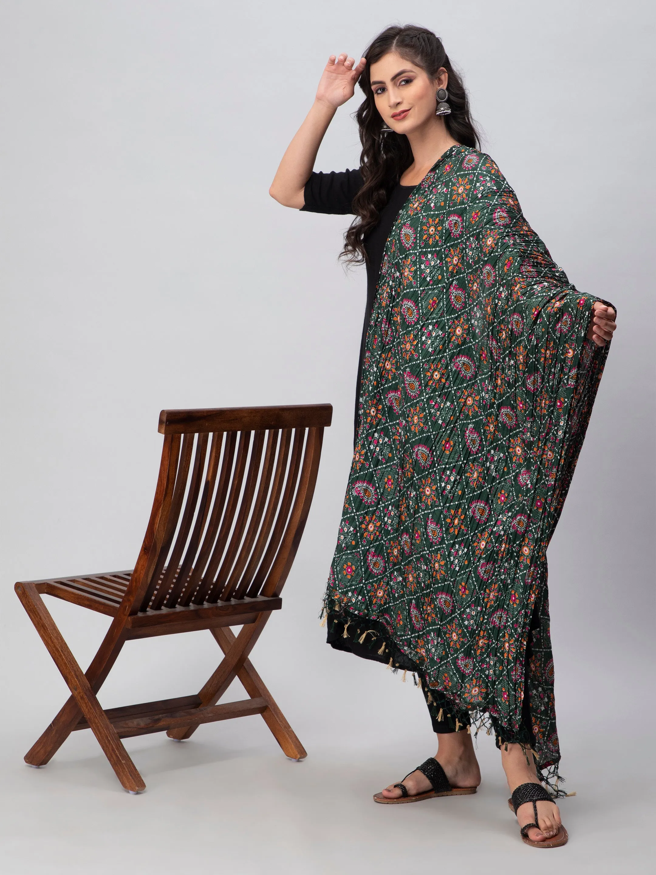 Green Printed Silk Blend Dupatta