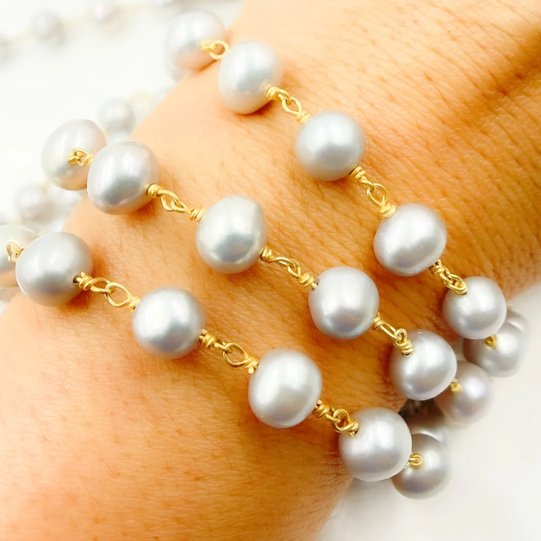 Grey Pearl Round Gold Plated Wire Chain. PRL48