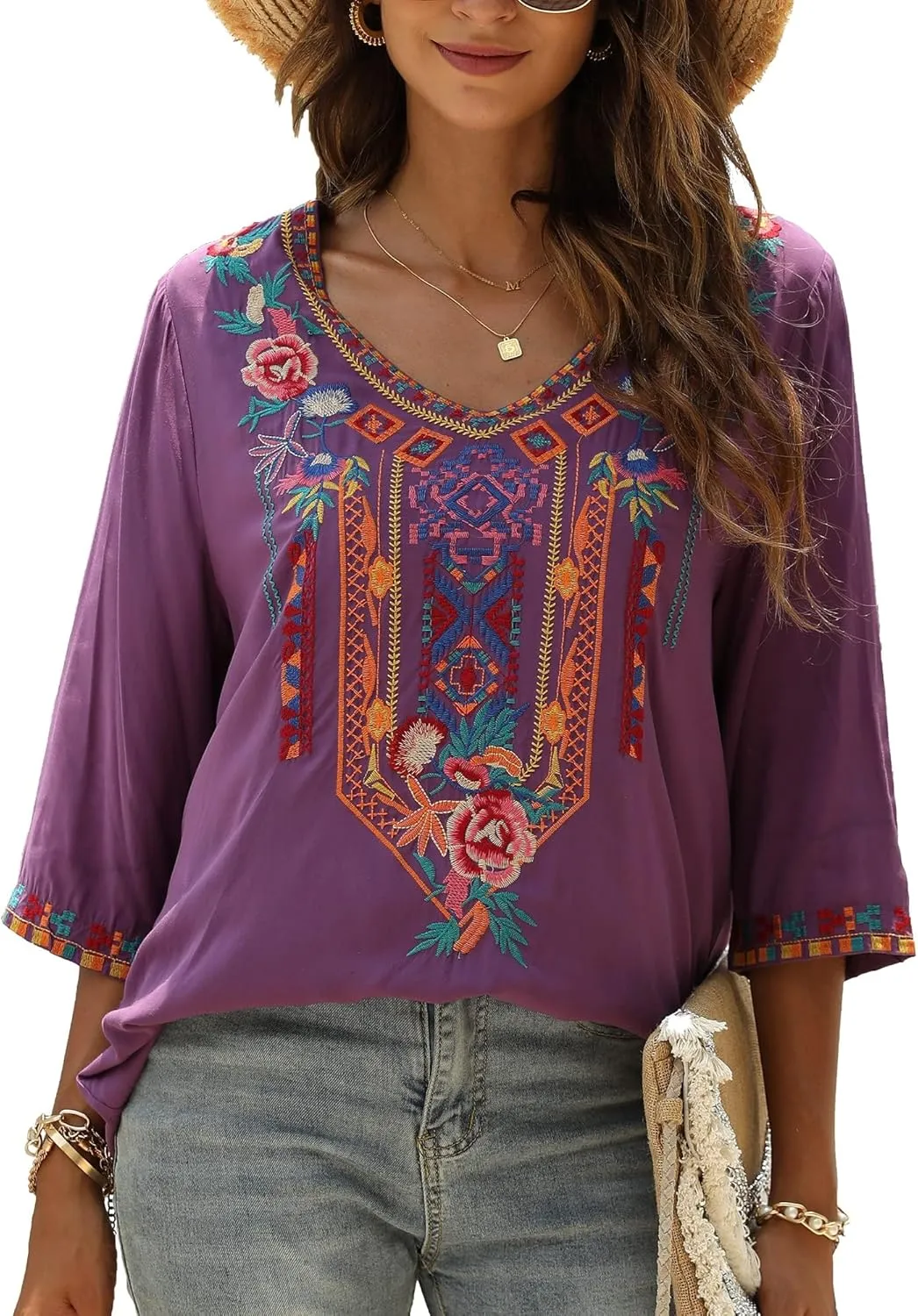 Grosy Bohemian Embroidered Tops for Women, Hippie Clothes, Mexican Peasant Blouses, Traditional Boho Clothing Tunic Shirts