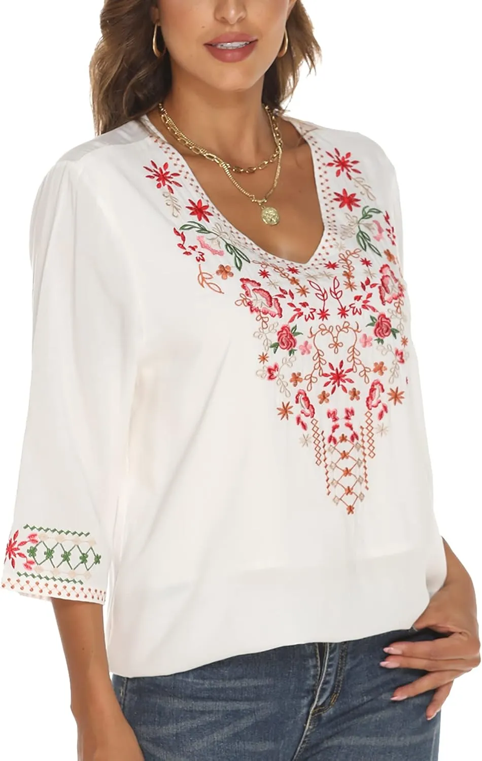 Grosy Bohemian Embroidered Tops for Women, Hippie Clothes, Mexican Peasant Blouses, Traditional Boho Clothing Tunic Shirts