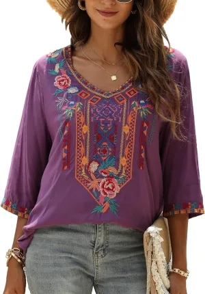Grosy Bohemian Embroidered Tops for Women, Hippie Clothes, Mexican Peasant Blouses, Traditional Boho Clothing Tunic Shirts
