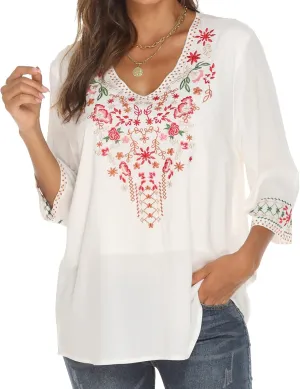 Grosy Bohemian Embroidered Tops for Women, Hippie Clothes, Mexican Peasant Blouses, Traditional Boho Clothing Tunic Shirts