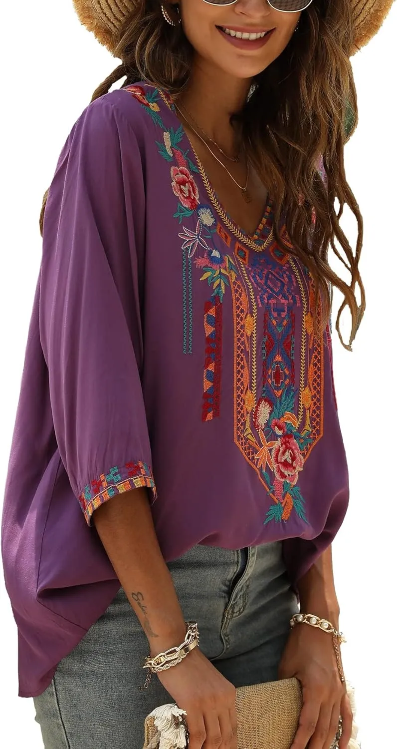 Grosy Bohemian Embroidered Tops for Women, Hippie Clothes, Mexican Peasant Blouses, Traditional Boho Clothing Tunic Shirts