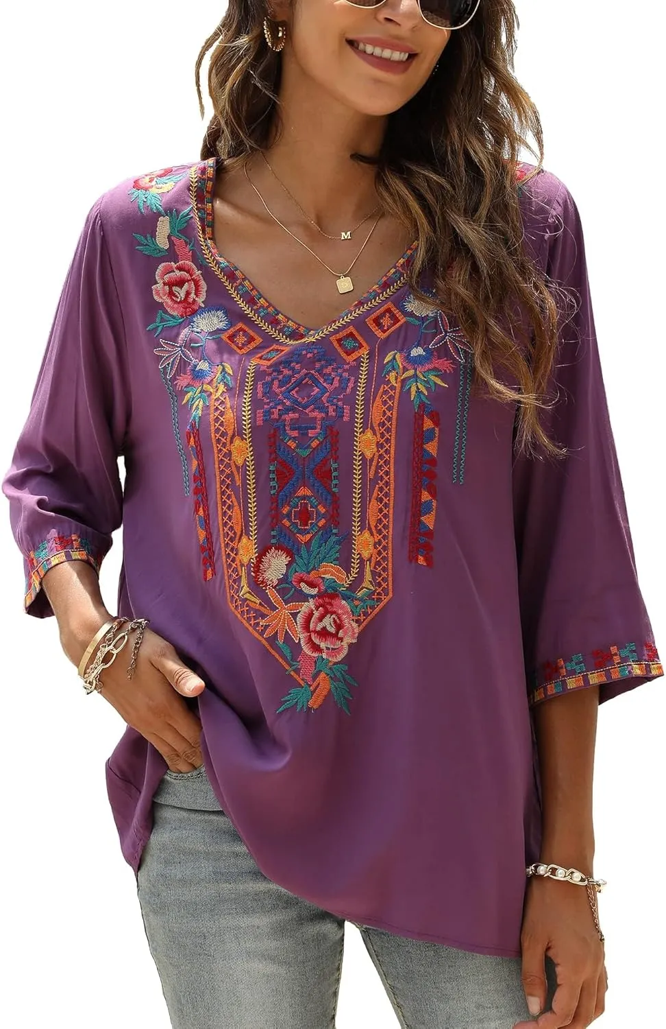 Grosy Bohemian Embroidered Tops for Women, Hippie Clothes, Mexican Peasant Blouses, Traditional Boho Clothing Tunic Shirts