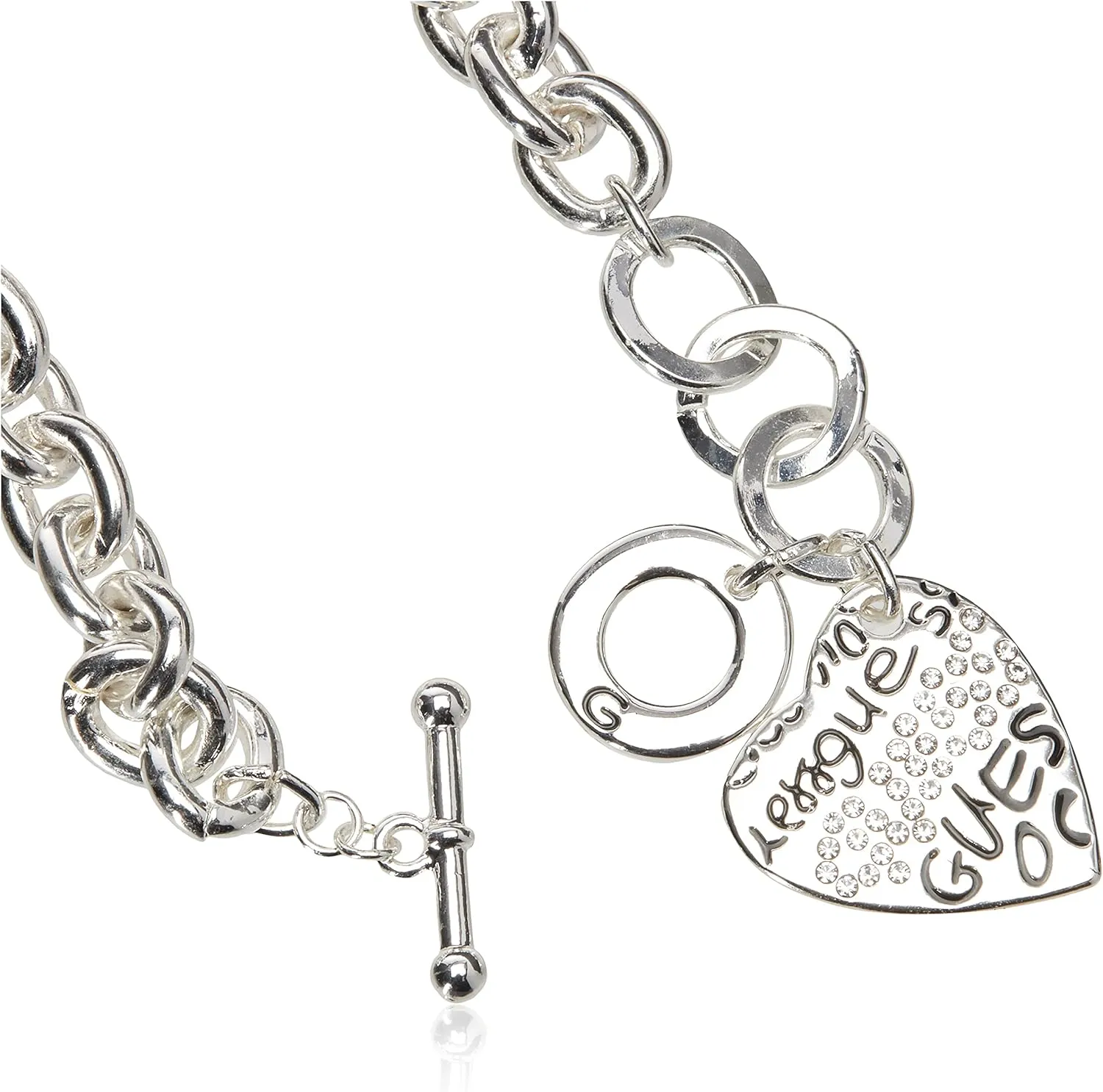 GUESS "Basic" Graffiti Logo Heart Toggle Charm Bracelet