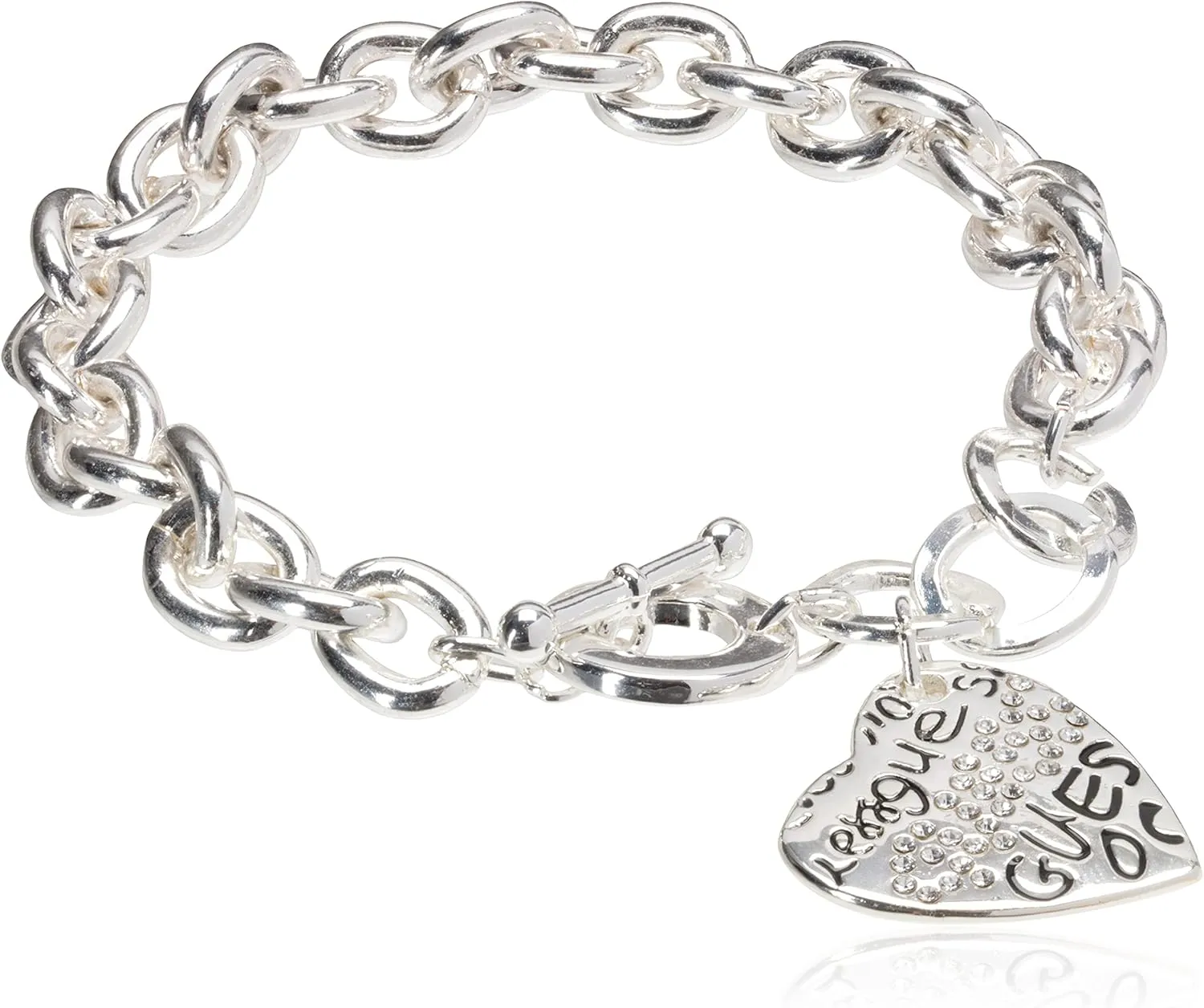 GUESS "Basic" Graffiti Logo Heart Toggle Charm Bracelet
