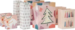 Hallmark Boho Christmas Gift Bag Assortment (8 Bags: 2 Small 6", 2 Medium 9", 2 Large 13", 2 Bottle Bags) in Pastel Pink, Purple, Hunter Green, White Dove, Snowflakes, Trees