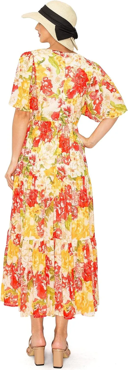 Halter Bohemian Floral Maxi Dress - Tropical Print Ethnic Print Keyhole Sundress