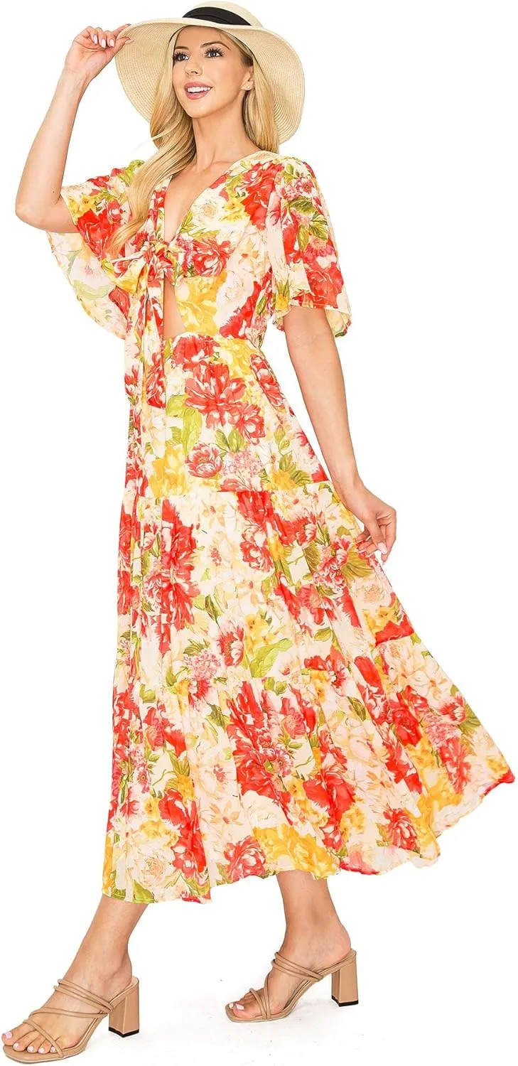 Halter Bohemian Floral Maxi Dress - Tropical Print Ethnic Print Keyhole Sundress