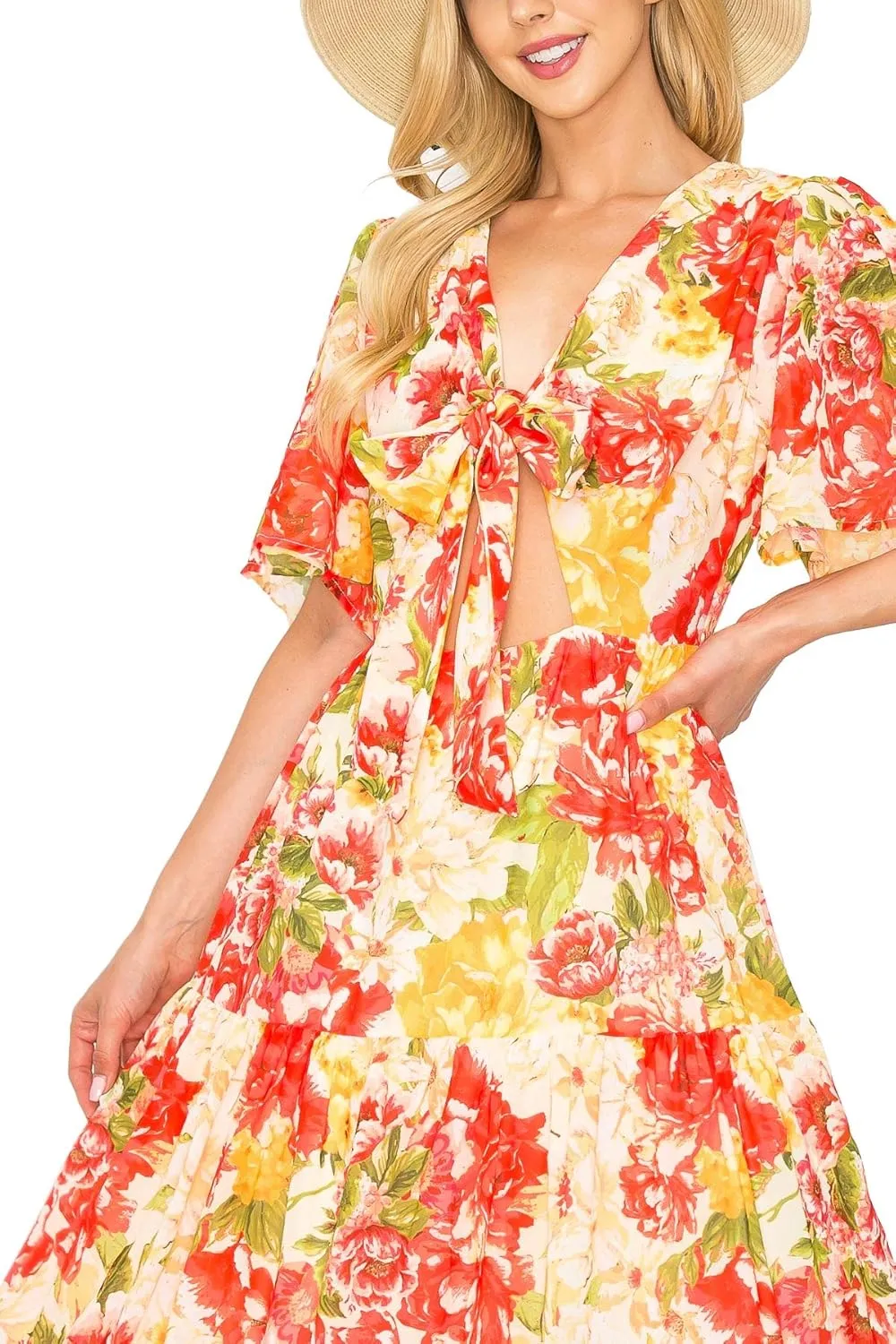 Halter Bohemian Floral Maxi Dress - Tropical Print Ethnic Print Keyhole Sundress