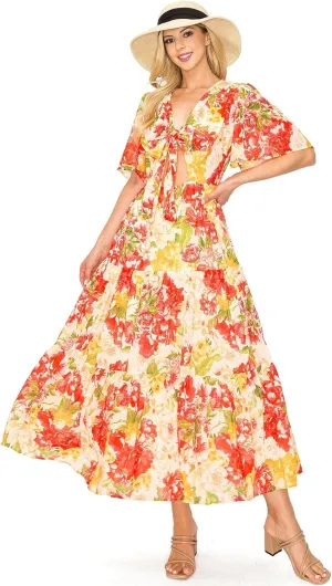 Halter Bohemian Floral Maxi Dress - Tropical Print Ethnic Print Keyhole Sundress