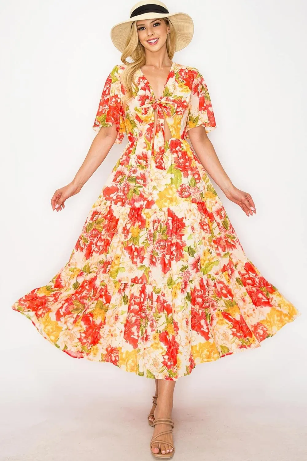 Halter Bohemian Floral Maxi Dress - Tropical Print Ethnic Print Keyhole Sundress