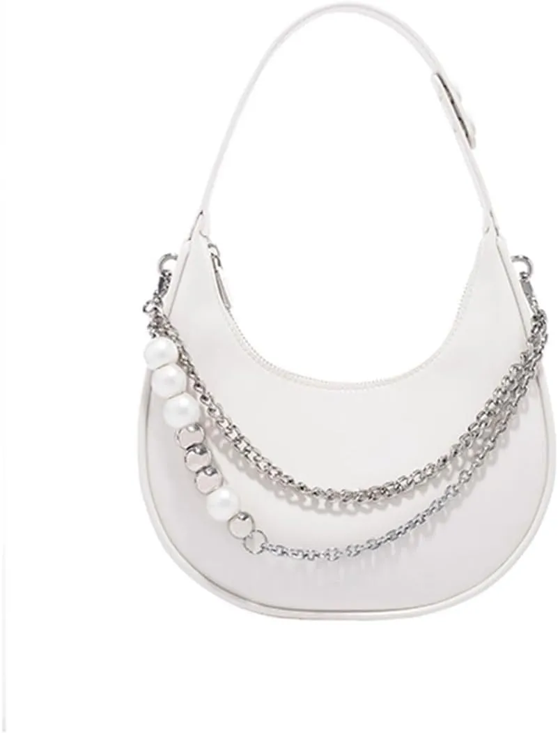 Handbags Designer Original Women's Shoulder Messenger Bag with 3D Metal Pearl Chain - Chic Underarm Handbag(White)