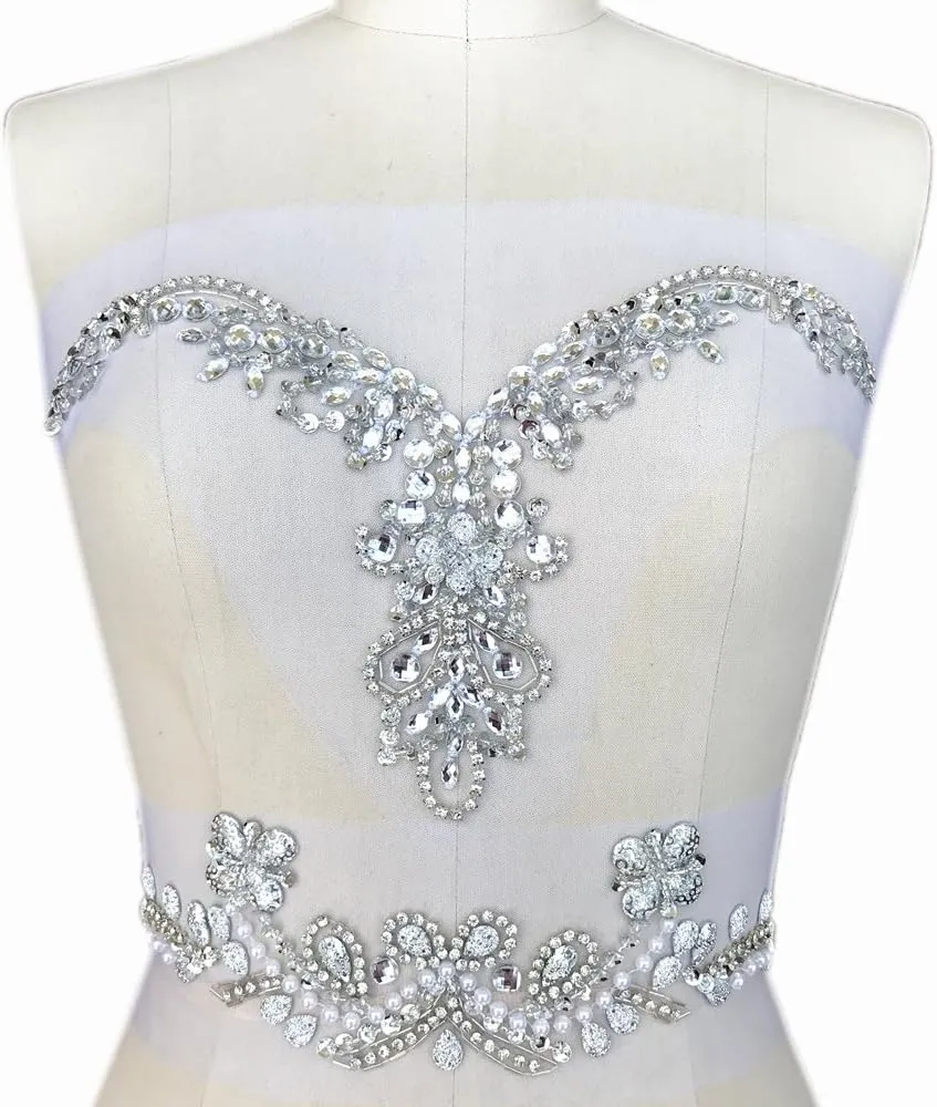 Handmade Beaded V-Neck Sequin Sew On Neckline Rhinestone Crystal Trim Bridal Applique Design Patch Sewing for Wedding Dresses DIY Belt Decoration (Silver)