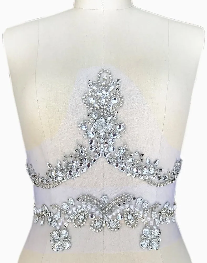 Handmade Beaded V-Neck Sequin Sew On Neckline Rhinestone Crystal Trim Bridal Applique Design Patch Sewing for Wedding Dresses DIY Belt Decoration (Silver)