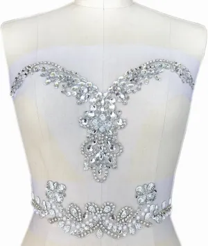 Handmade Beaded V-Neck Sequin Sew On Neckline Rhinestone Crystal Trim Bridal Applique Design Patch Sewing for Wedding Dresses DIY Belt Decoration (Silver)