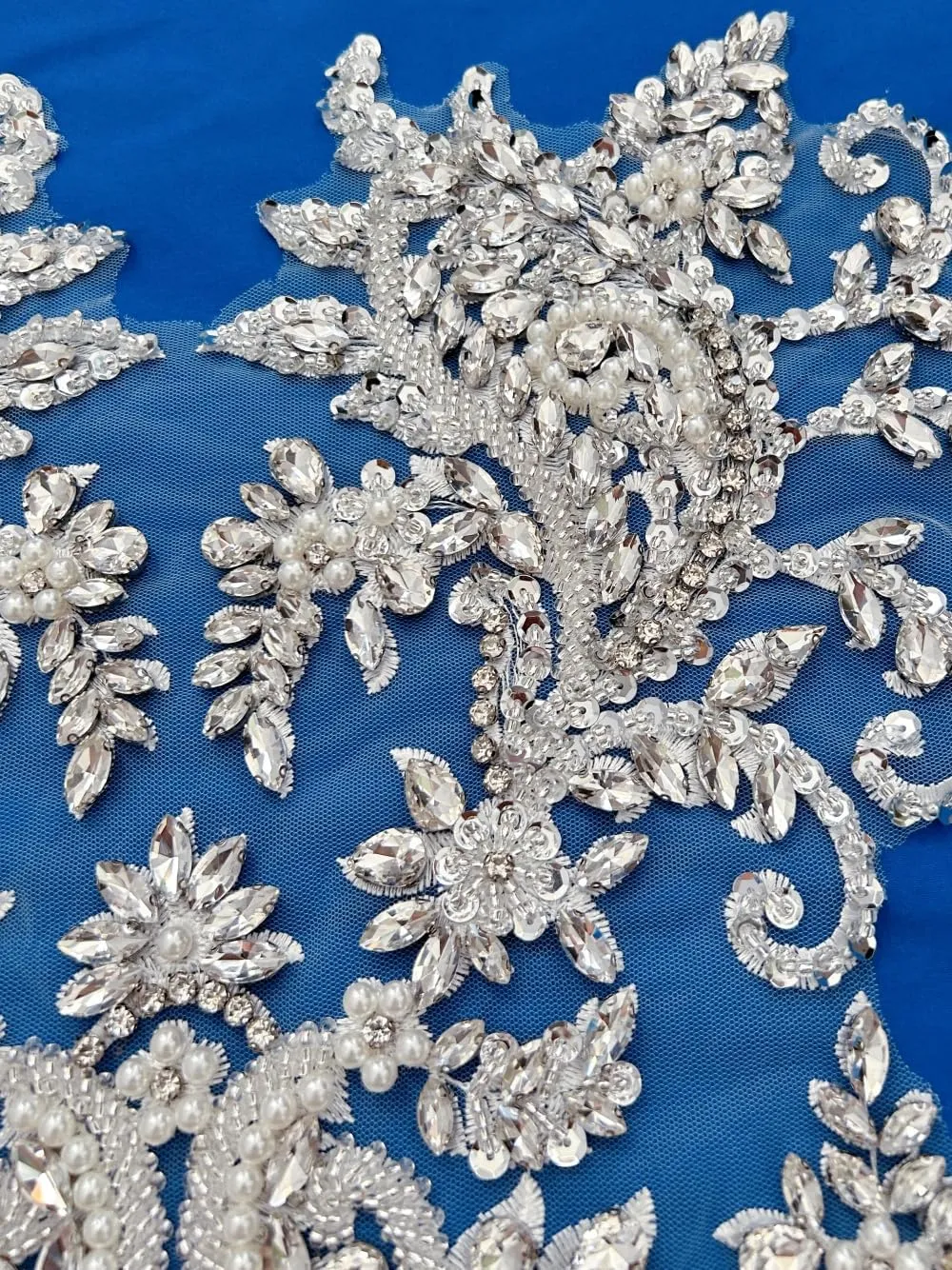 Handmade Bodice Rhinestones Applique Sewing Glass Beads Stones Crystal Trim Lace Patches for Dress Clothing Accessories 34x63cm (Silver)