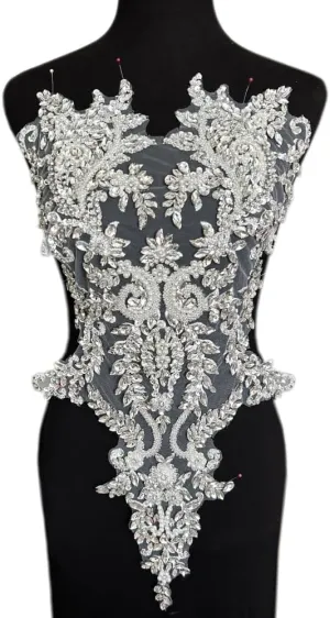 Handmade Bodice Rhinestones Applique Sewing Glass Beads Stones Crystal Trim Lace Patches for Dress Clothing Accessories 34x63cm (Silver)