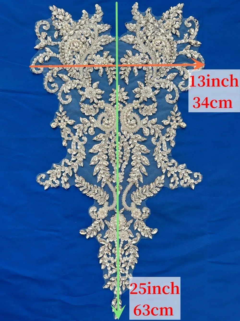 Handmade Bodice Rhinestones Applique Sewing Glass Beads Stones Crystal Trim Lace Patches for Dress Clothing Accessories 34x63cm (Silver)