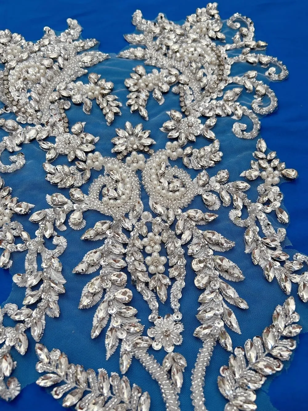 Handmade Bodice Rhinestones Applique Sewing Glass Beads Stones Crystal Trim Lace Patches for Dress Clothing Accessories 34x63cm (Silver)