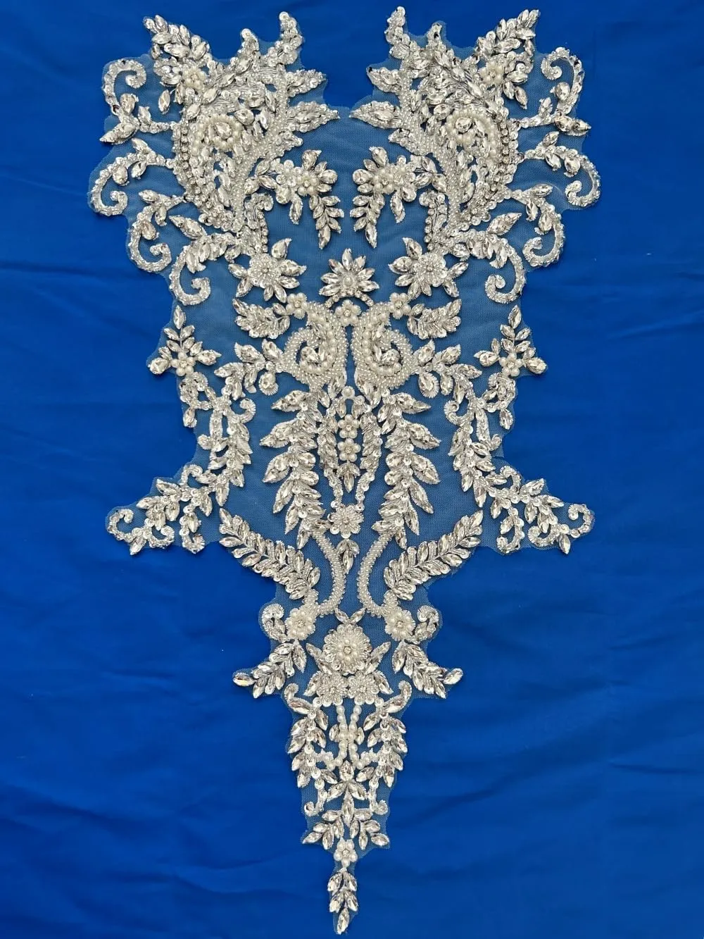 Handmade Bodice Rhinestones Applique Sewing Glass Beads Stones Crystal Trim Lace Patches for Dress Clothing Accessories 34x63cm (Silver)