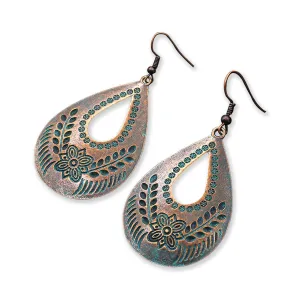 Handmade Boho Vintage Teardrop Earrings Bohemian Hammered & Engraved Earrings Boho Antiqued Earrings Unique Antique Bronze Tribal Ethnic Teardrop Shaped Drop Dangle Earrings For Women Girls (Style 1)