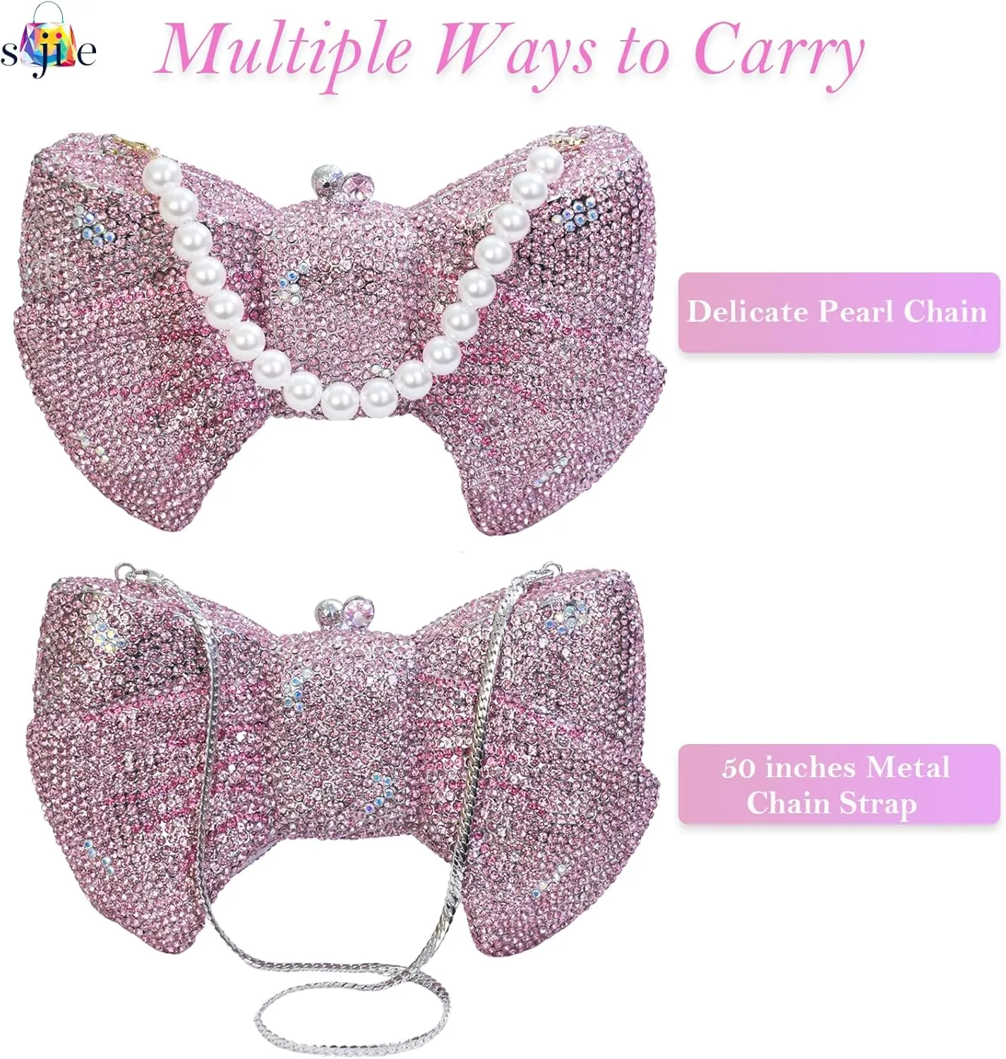 Handmade Inlay Rhinestone Bow Clutch Bag for Women, Sparkling Evening Party Wedding Purse with Detachable Pearl Chain Strap