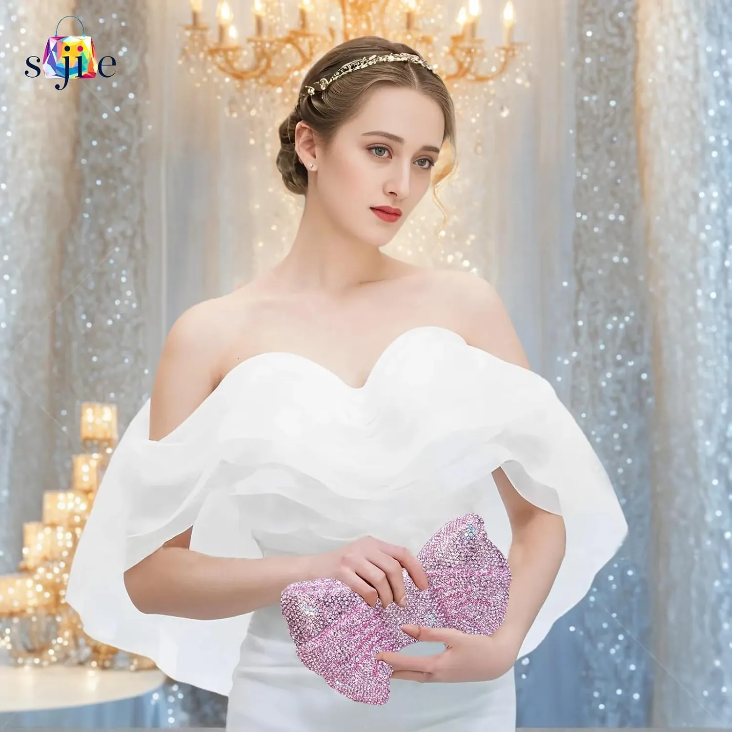 Handmade Inlay Rhinestone Bow Clutch Bag for Women, Sparkling Evening Party Wedding Purse with Detachable Pearl Chain Strap