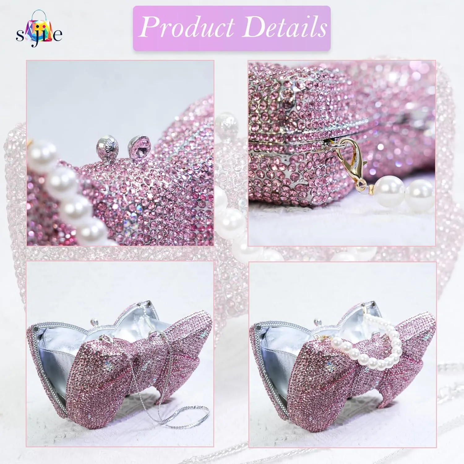 Handmade Inlay Rhinestone Bow Clutch Bag for Women, Sparkling Evening Party Wedding Purse with Detachable Pearl Chain Strap
