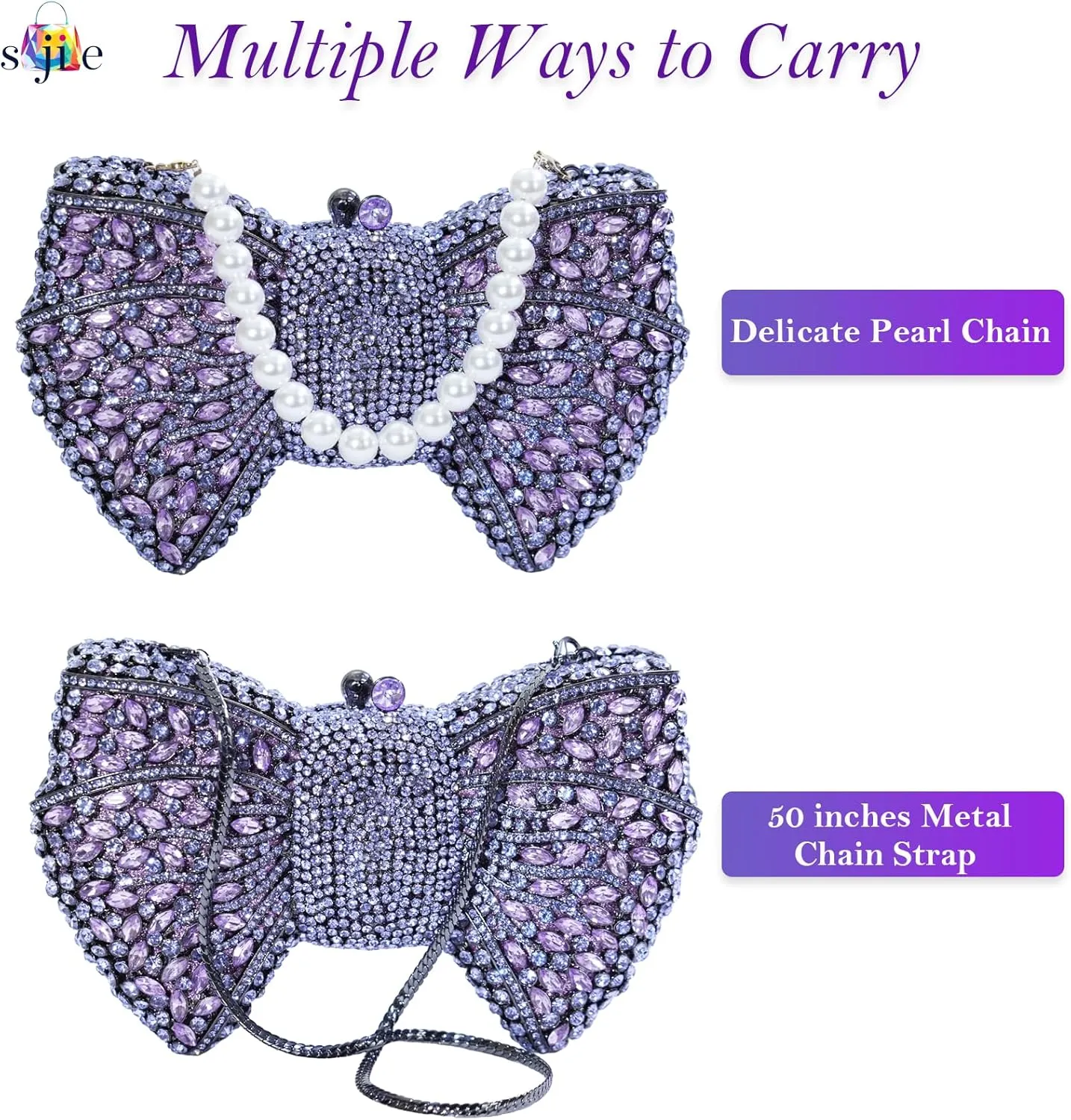 Handmade Inlay Rhinestone Bow Clutch Bag for Women, Sparkling Evening Party Wedding Purse with Detachable Pearl Chain Strap