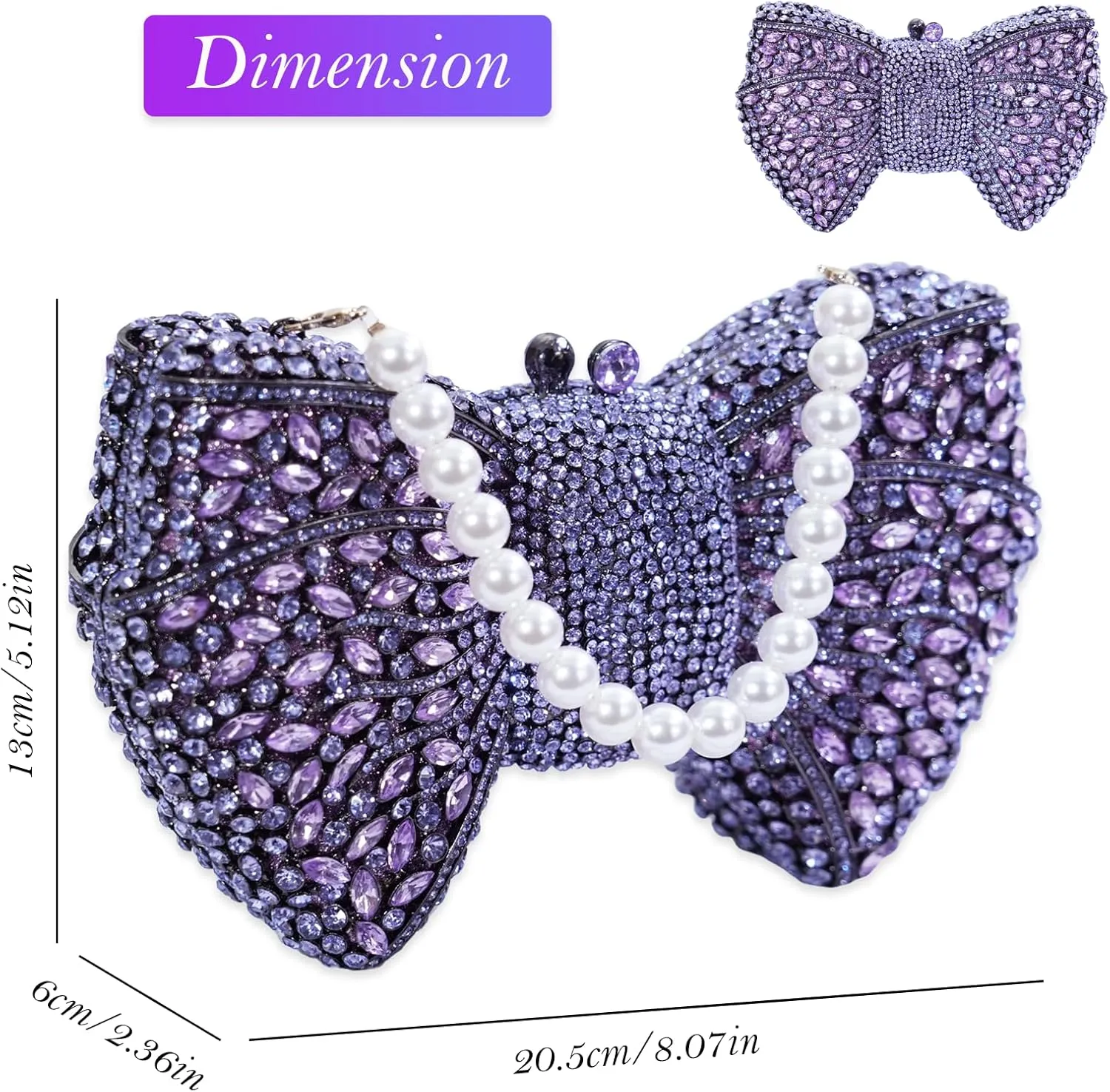 Handmade Inlay Rhinestone Bow Clutch Bag for Women, Sparkling Evening Party Wedding Purse with Detachable Pearl Chain Strap