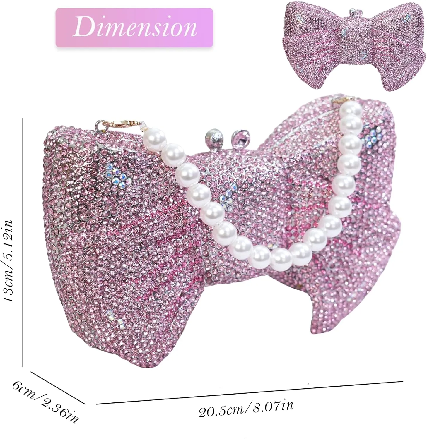 Handmade Inlay Rhinestone Bow Clutch Bag for Women, Sparkling Evening Party Wedding Purse with Detachable Pearl Chain Strap