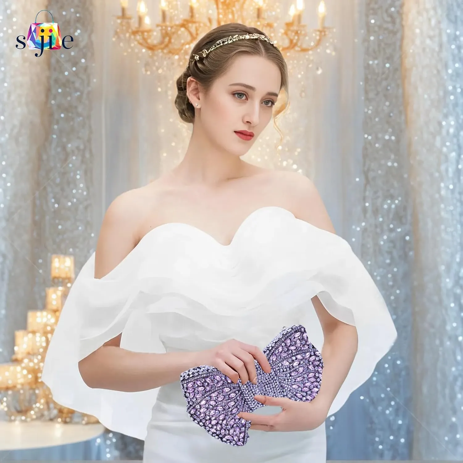 Handmade Inlay Rhinestone Bow Clutch Bag for Women, Sparkling Evening Party Wedding Purse with Detachable Pearl Chain Strap