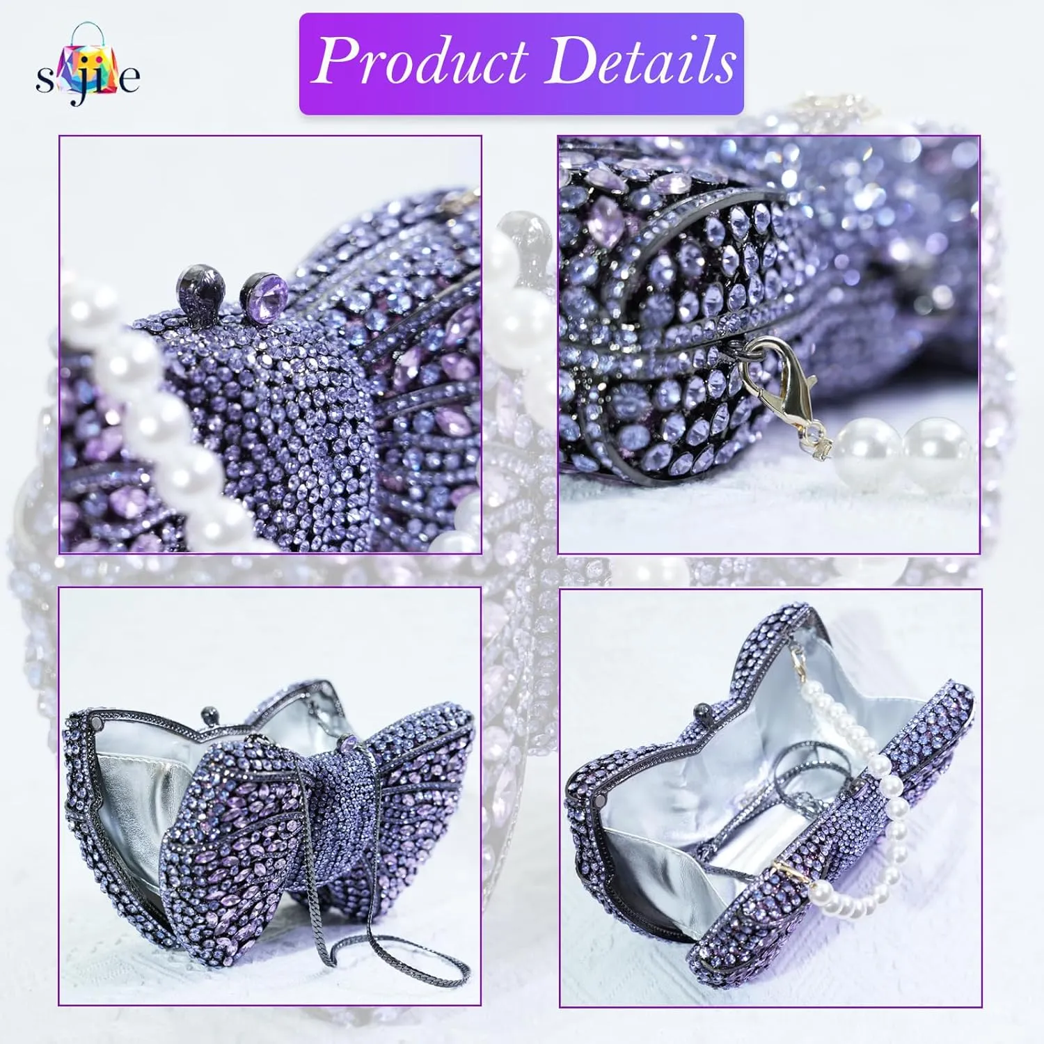Handmade Inlay Rhinestone Bow Clutch Bag for Women, Sparkling Evening Party Wedding Purse with Detachable Pearl Chain Strap