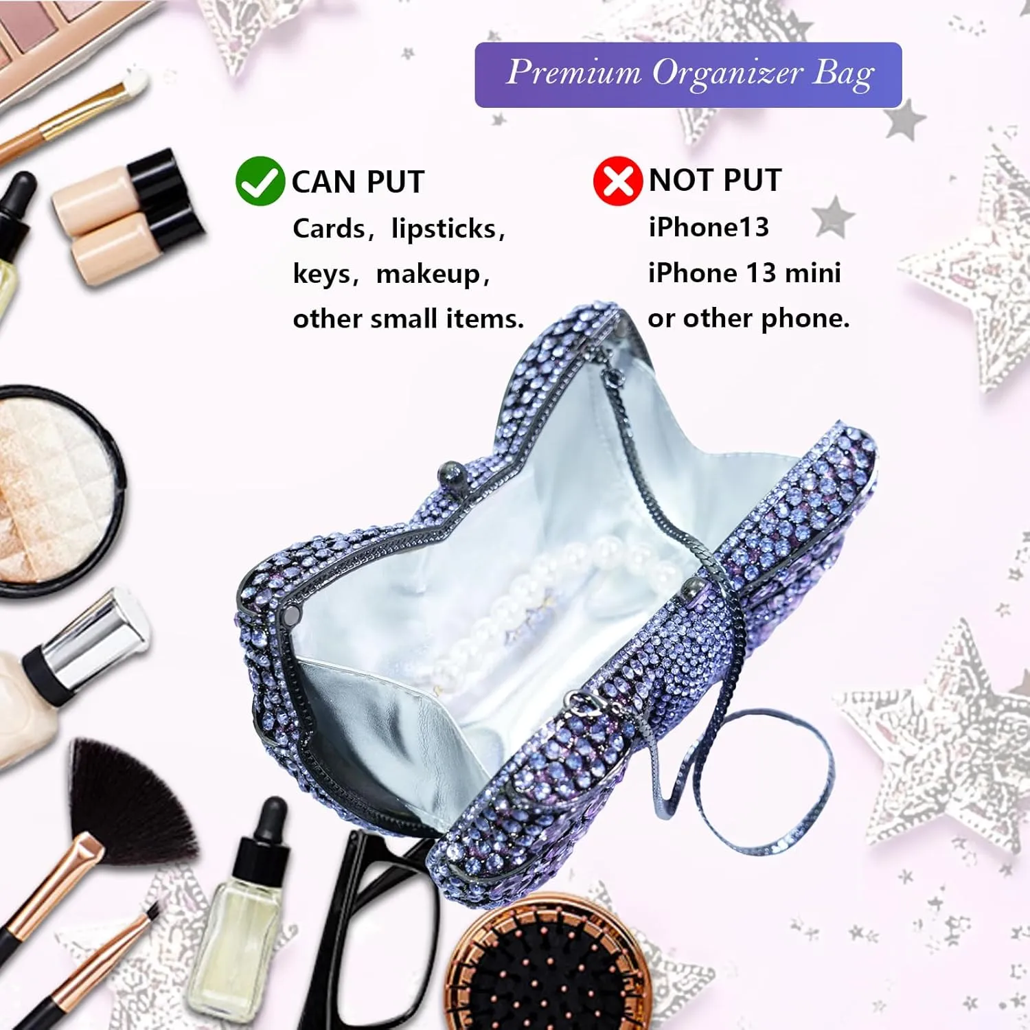 Handmade Inlay Rhinestone Bow Clutch Bag for Women, Sparkling Evening Party Wedding Purse with Detachable Pearl Chain Strap