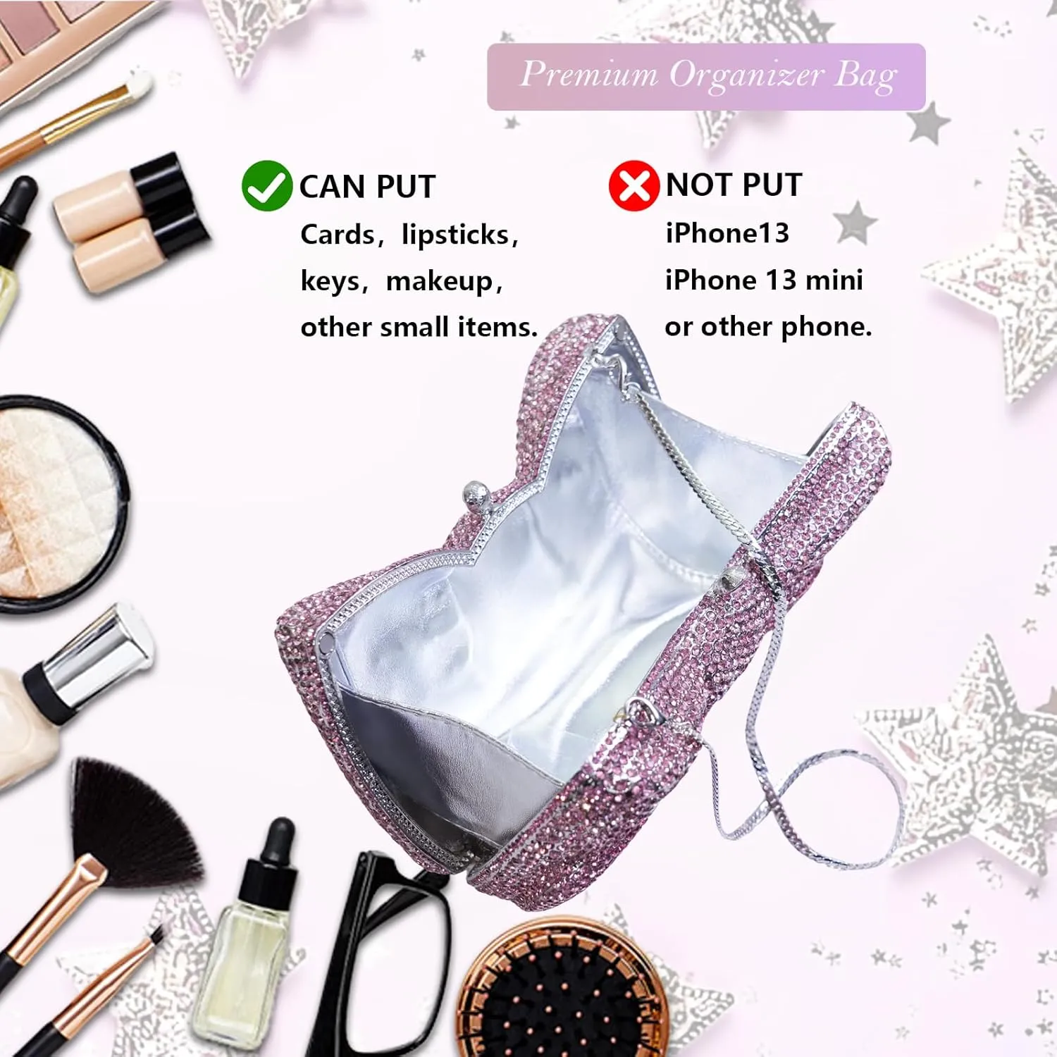 Handmade Inlay Rhinestone Bow Clutch Bag for Women, Sparkling Evening Party Wedding Purse with Detachable Pearl Chain Strap