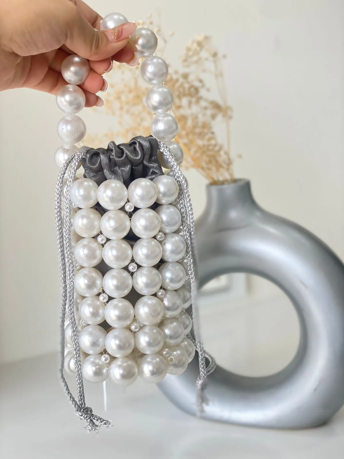 Handmade Luxury Beaded Pearl Bucket Bag - Small