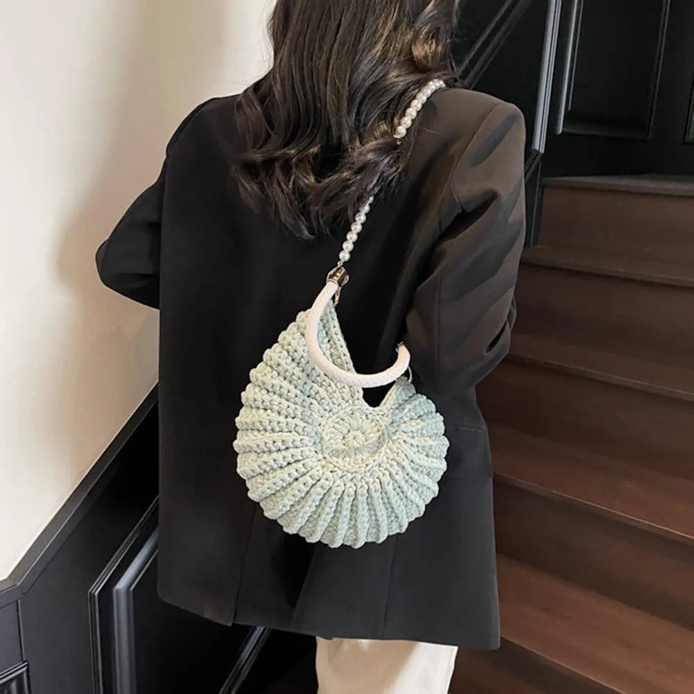 Handwoven Seashell Bag for Women - Beach Shoulder Bag with Pearl Chain, Seashell Purse for Vacation, Travel & Summer