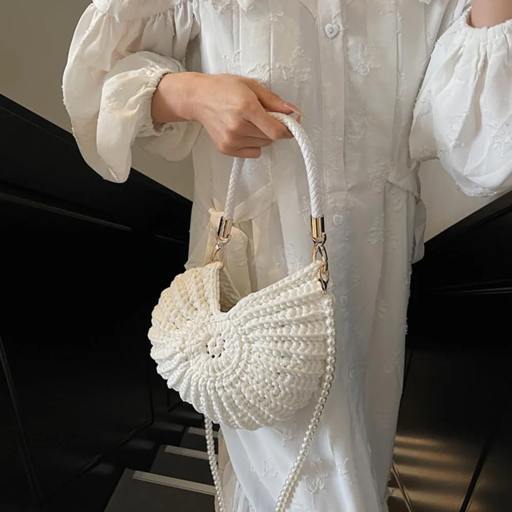 Handwoven Seashell Bag for Women - Beach Shoulder Bag with Pearl Chain, Seashell Purse for Vacation, Travel & Summer