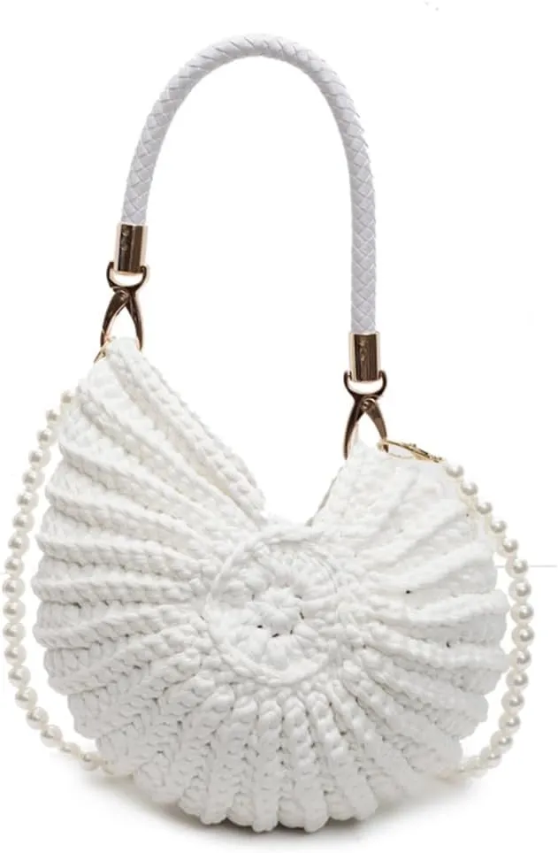 Handwoven Seashell Bag for Women - Beach Shoulder Bag with Pearl Chain, Seashell Purse for Vacation, Travel & Summer