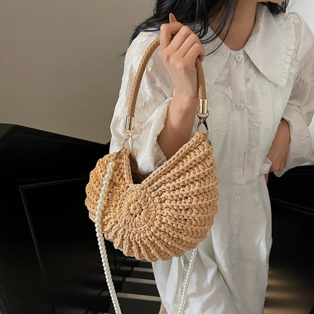 Handwoven Seashell Bag for Women - Beach Shoulder Bag with Pearl Chain, Seashell Purse for Vacation, Travel & Summer